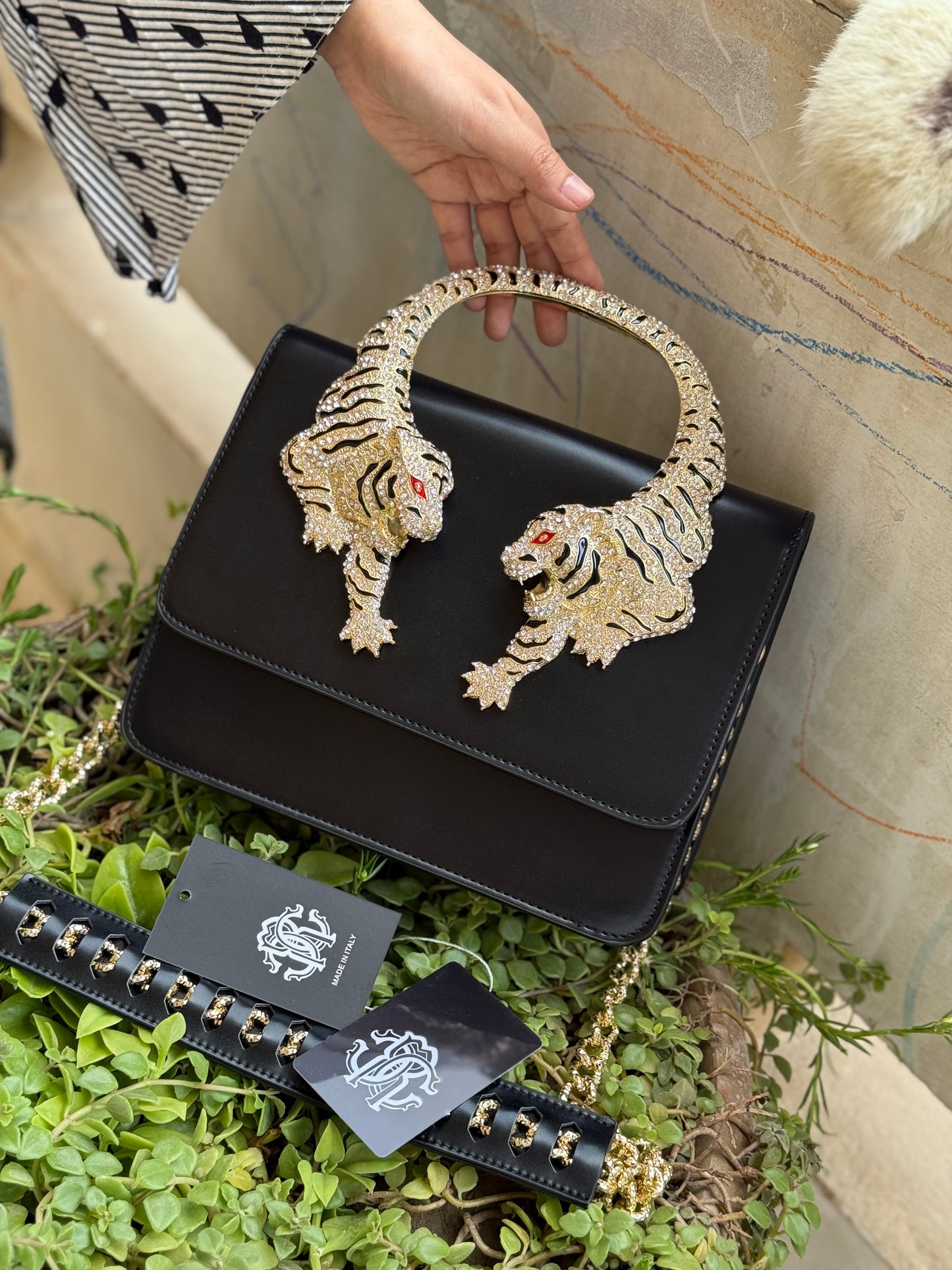 Roberto Cavalli Crystal-Embellished Tiger Shoulder Bag ( Master Series )