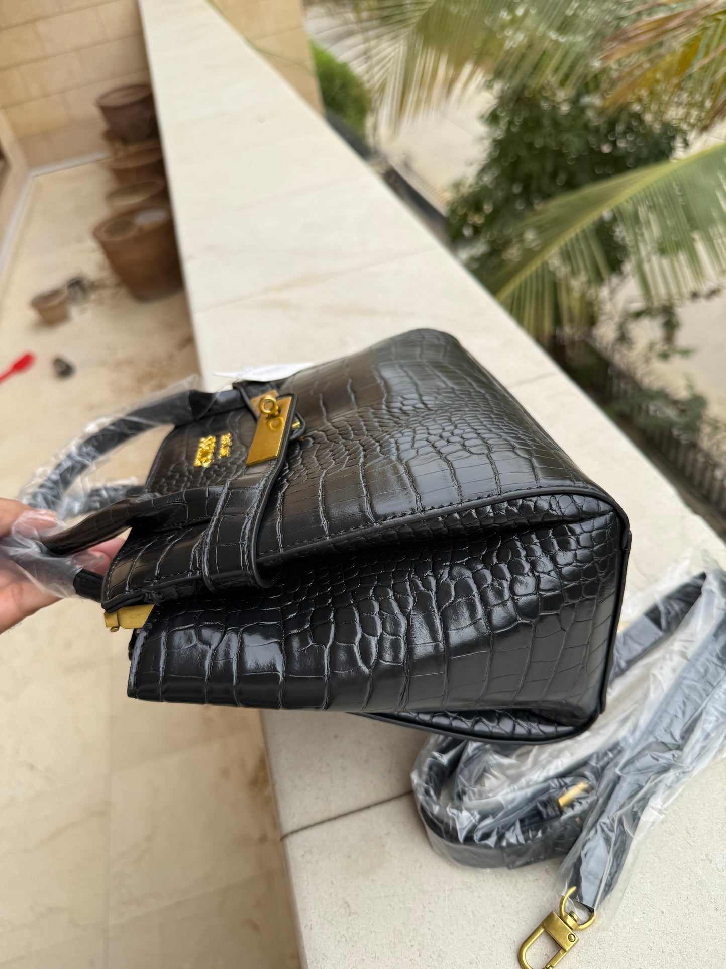 Guess Enisa Small Satchel ( Jet Black ) Crocodile pattern