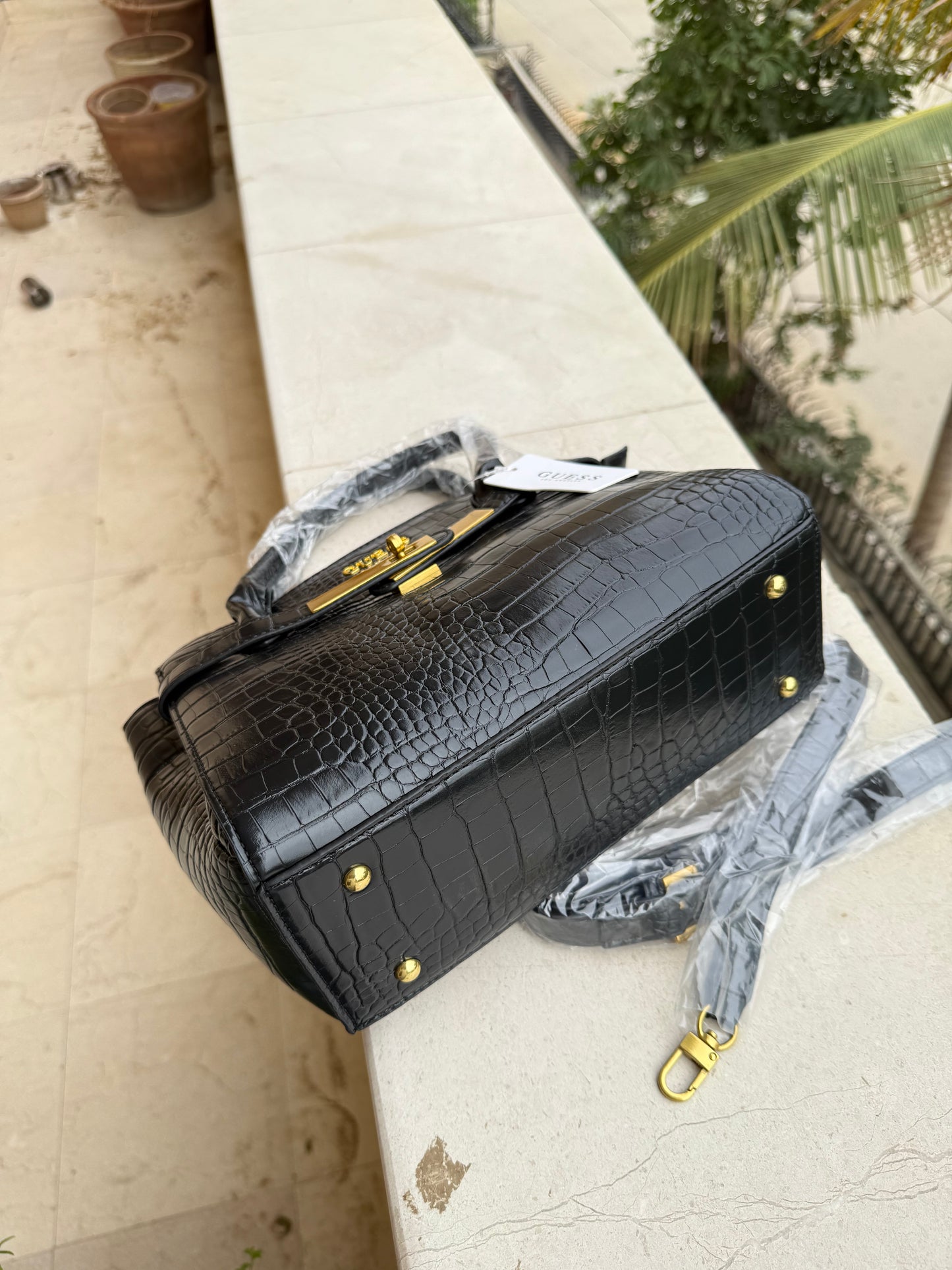 Guess Enisa Small Satchel ( Jet Black ) Crocodile pattern