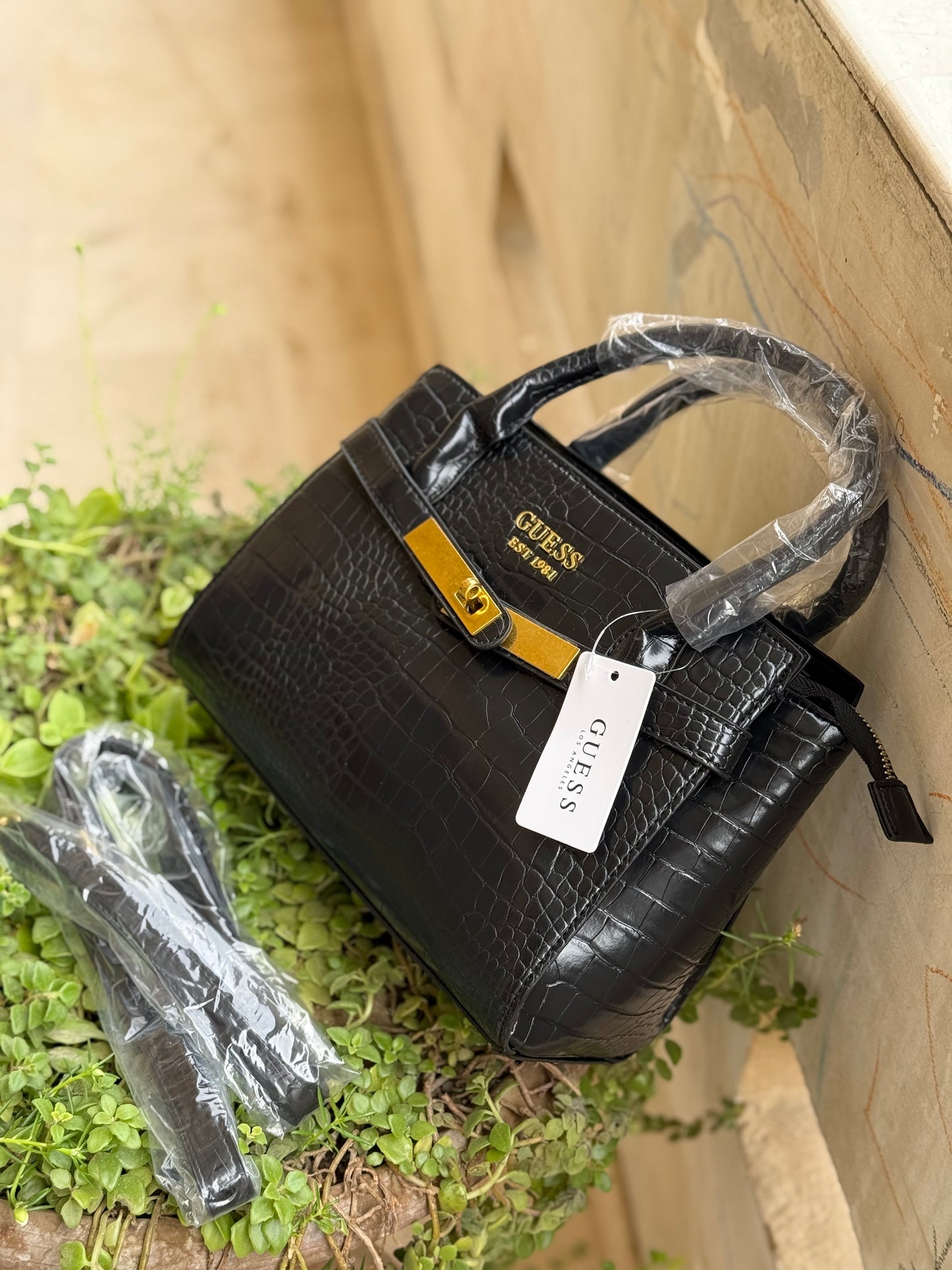 Guess Enisa Small Satchel ( Jet Black ) Crocodile pattern