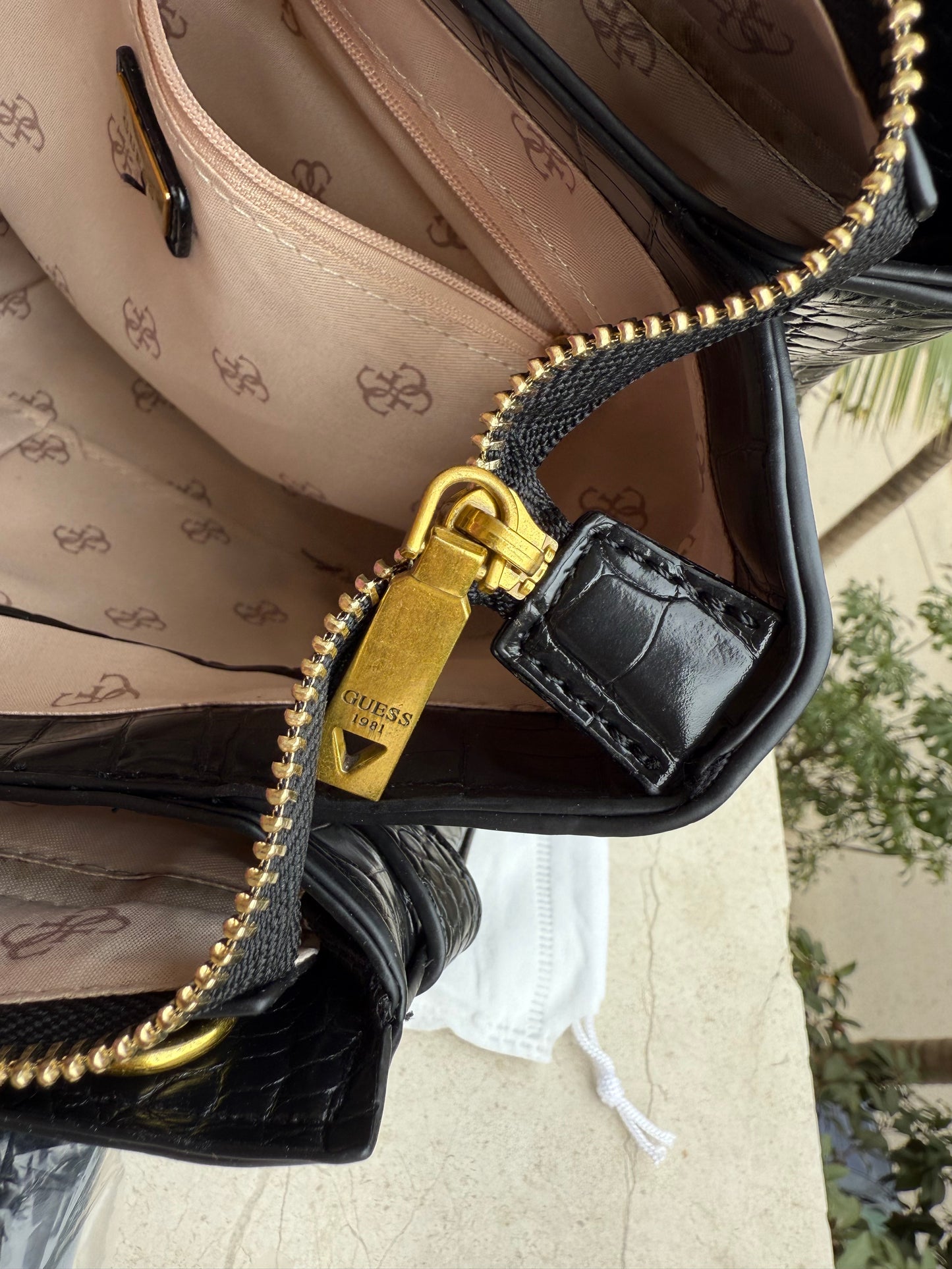 Guess Enisa Small Satchel ( Jet Black ) Crocodile pattern