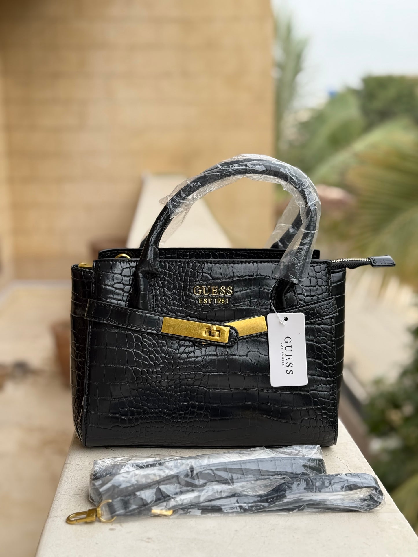 Guess Enisa Small Satchel ( Jet Black ) Crocodile pattern