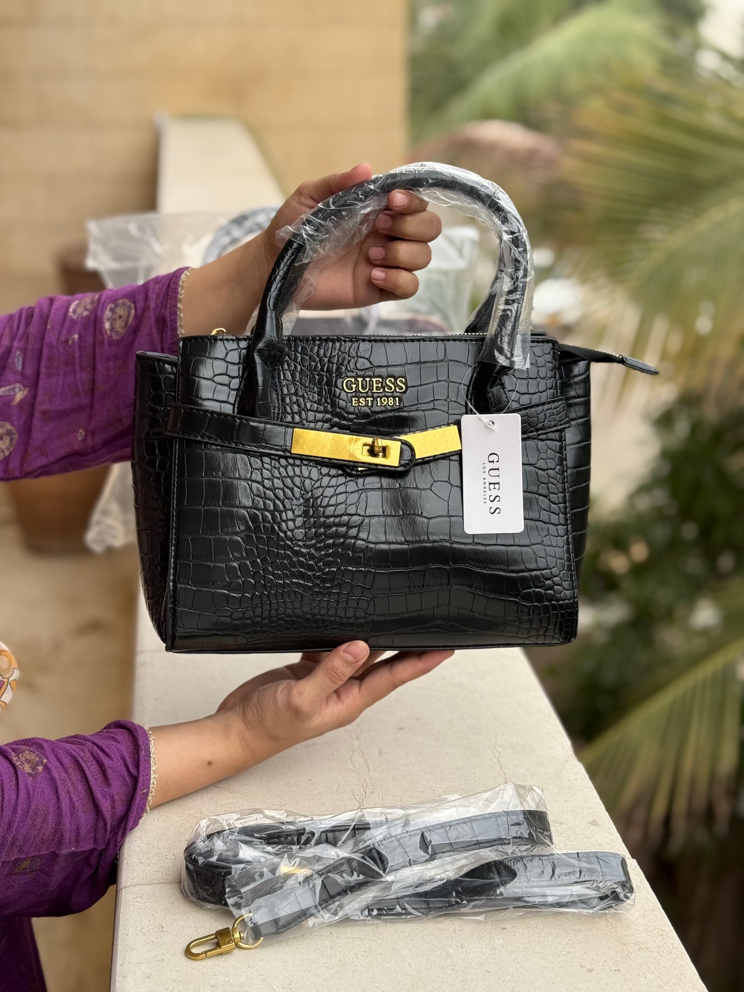 Guess Enisa Small Satchel ( Jet Black ) Crocodile pattern
