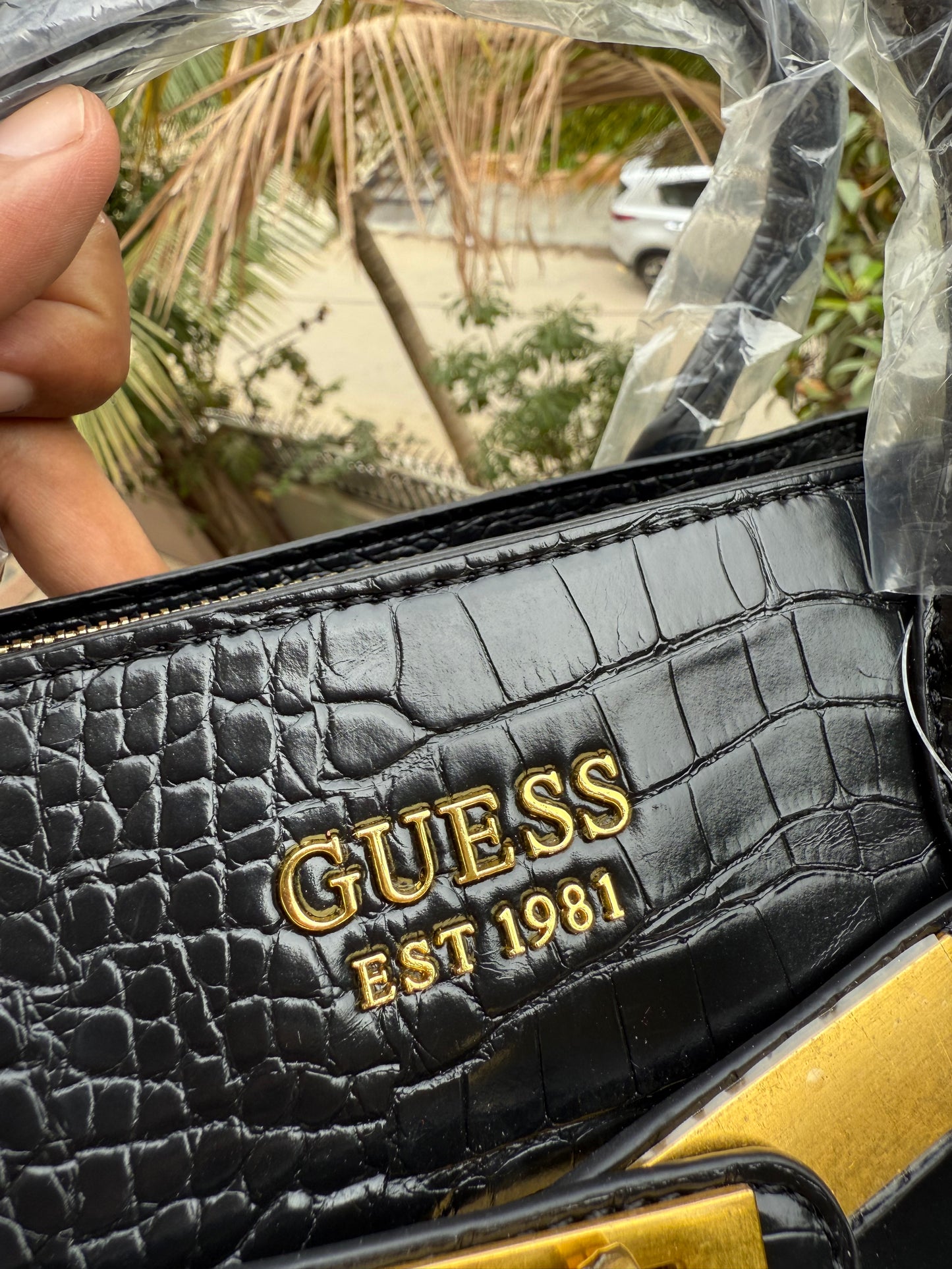 Guess Enisa Small Satchel ( Jet Black ) Crocodile pattern