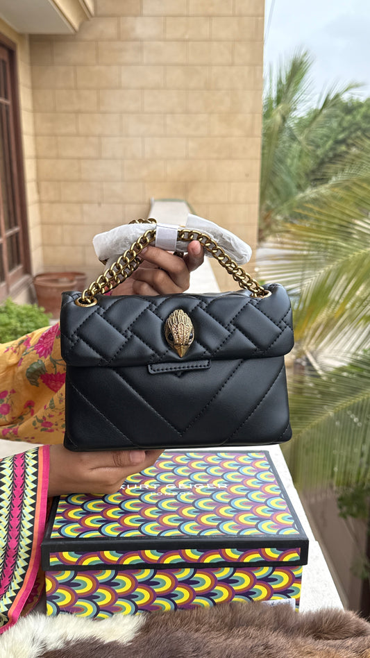 Kurt Geiger London Kensington Mini Quilted Shoulder Bag, featuring signature gold-tone hardware and a crystal-embellished eagle head-Master Series-Box included