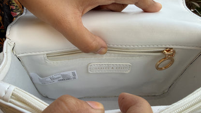 Charles & Keith Cressida Quilted Top Handle Bag in White-Master Plus Series-Gift Box Packaging.