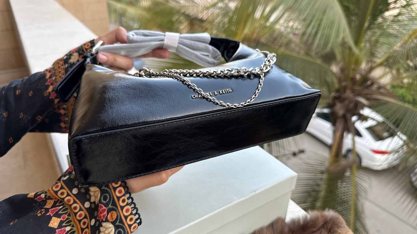 Charles & Keith Atwood chain-embellished shoulder bag with a shiny finish-Master Series-With box