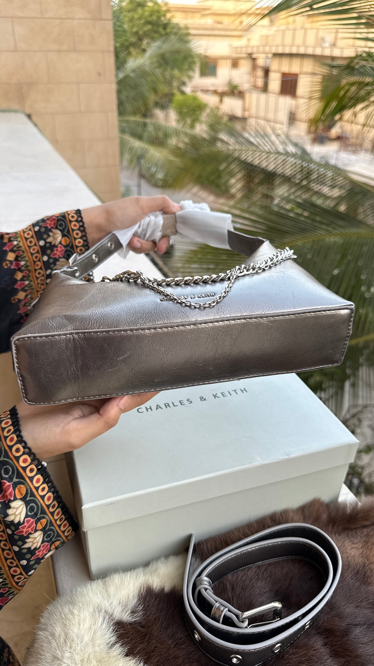 Charles & Keith Atwood chain-embellished shoulder bag with a shiny finish-Master Series-With box