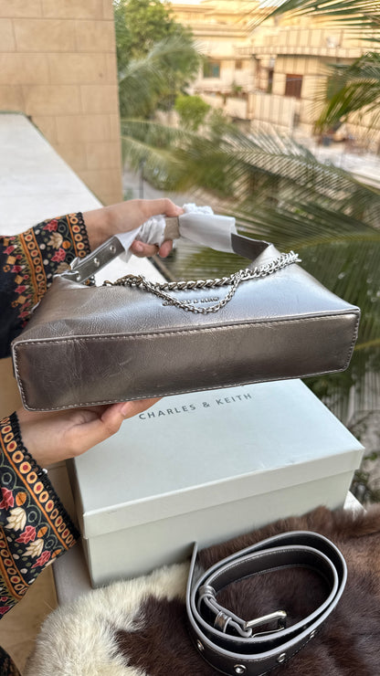 Charles & Keith Atwood chain-embellished shoulder bag with a shiny finish-Master Series-With box