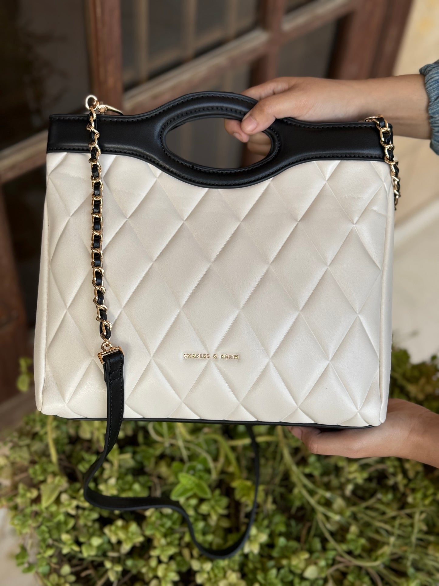 Charles & Keith Arwen Quilted Curved-handle bag Cream