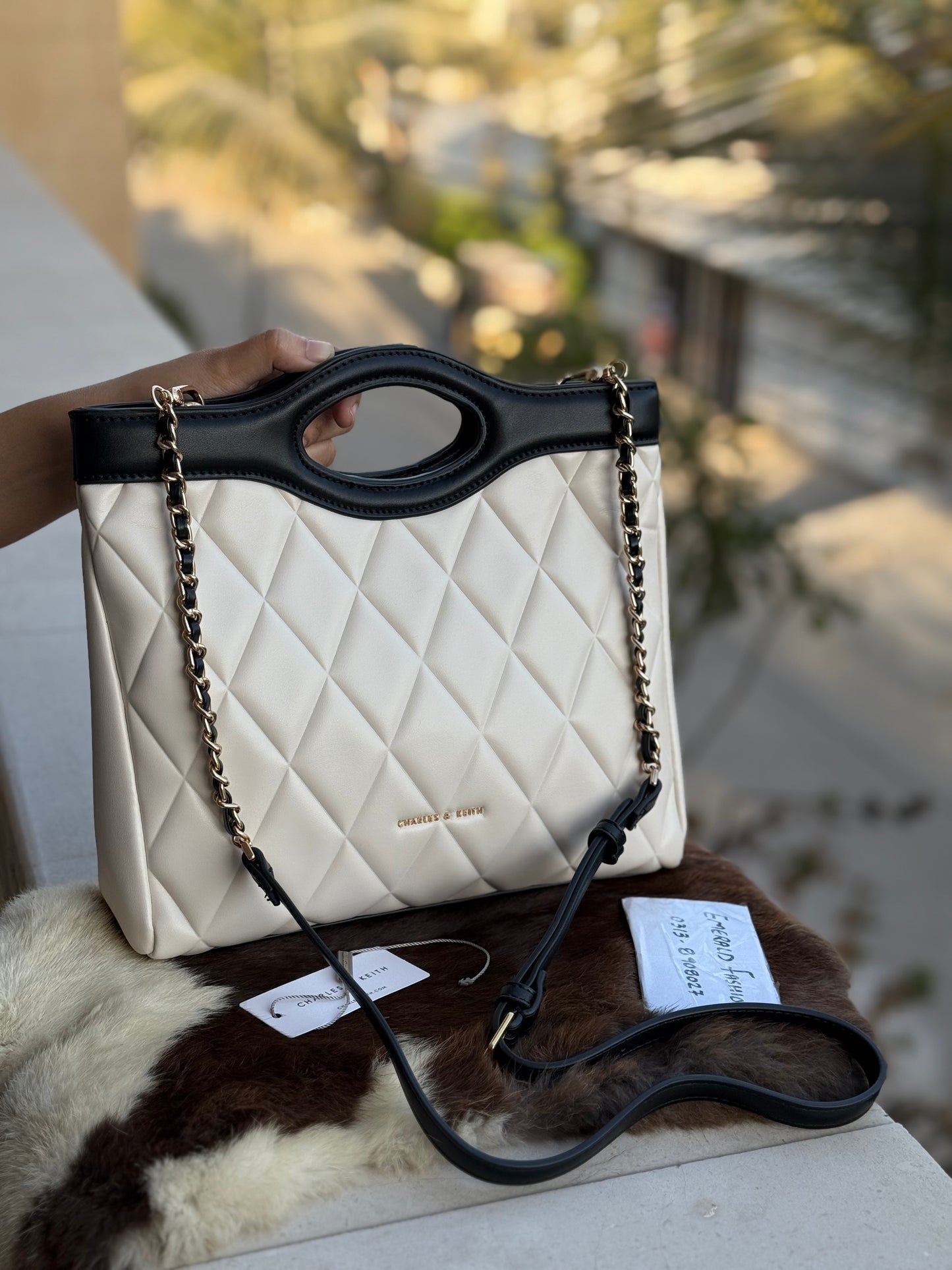 Charles & Keith Arwen Quilted Curved-handle bag Cream