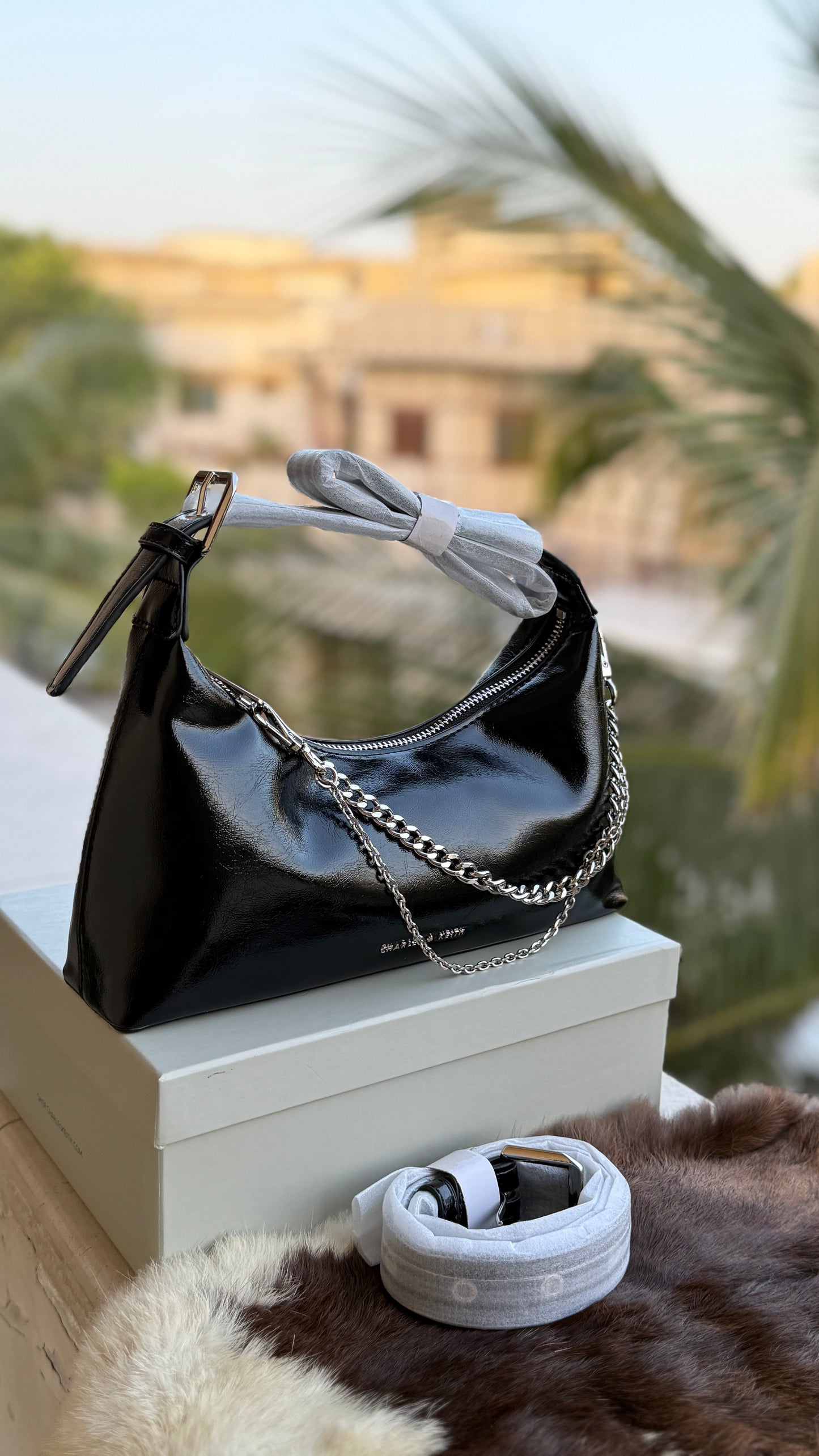 Charles & Keith Atwood chain-embellished shoulder bag with a shiny finish-Master Series-With box