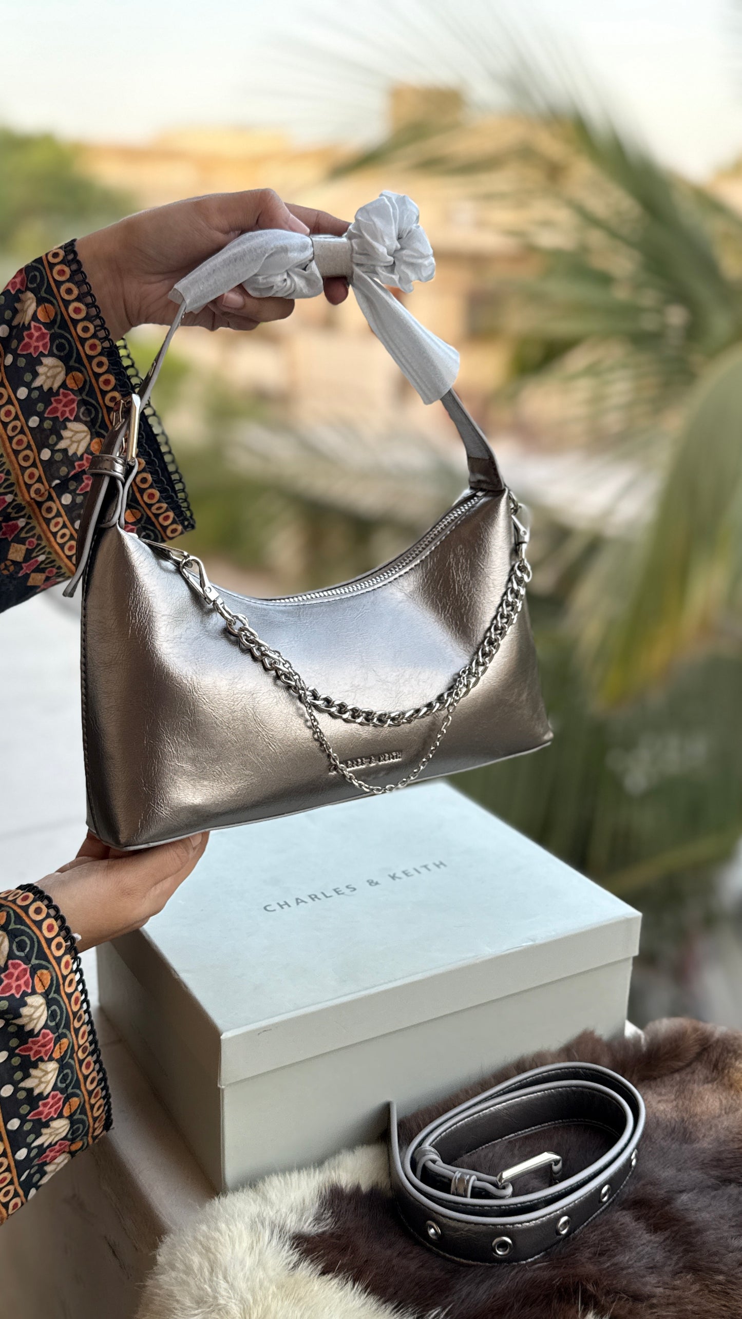 Charles & Keith Atwood chain-embellished shoulder bag with a shiny finish-Master Series-With box