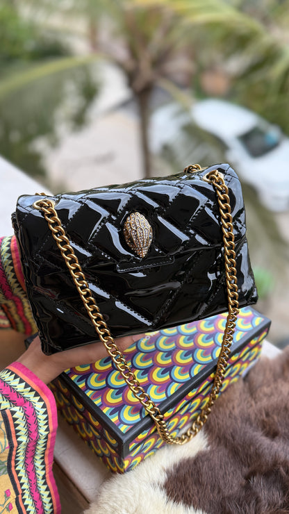 Kurt Geiger Kensington shoulder bag featuring quilted black patent leather and a signature eagle head embellished with crystals-Master Series With Box