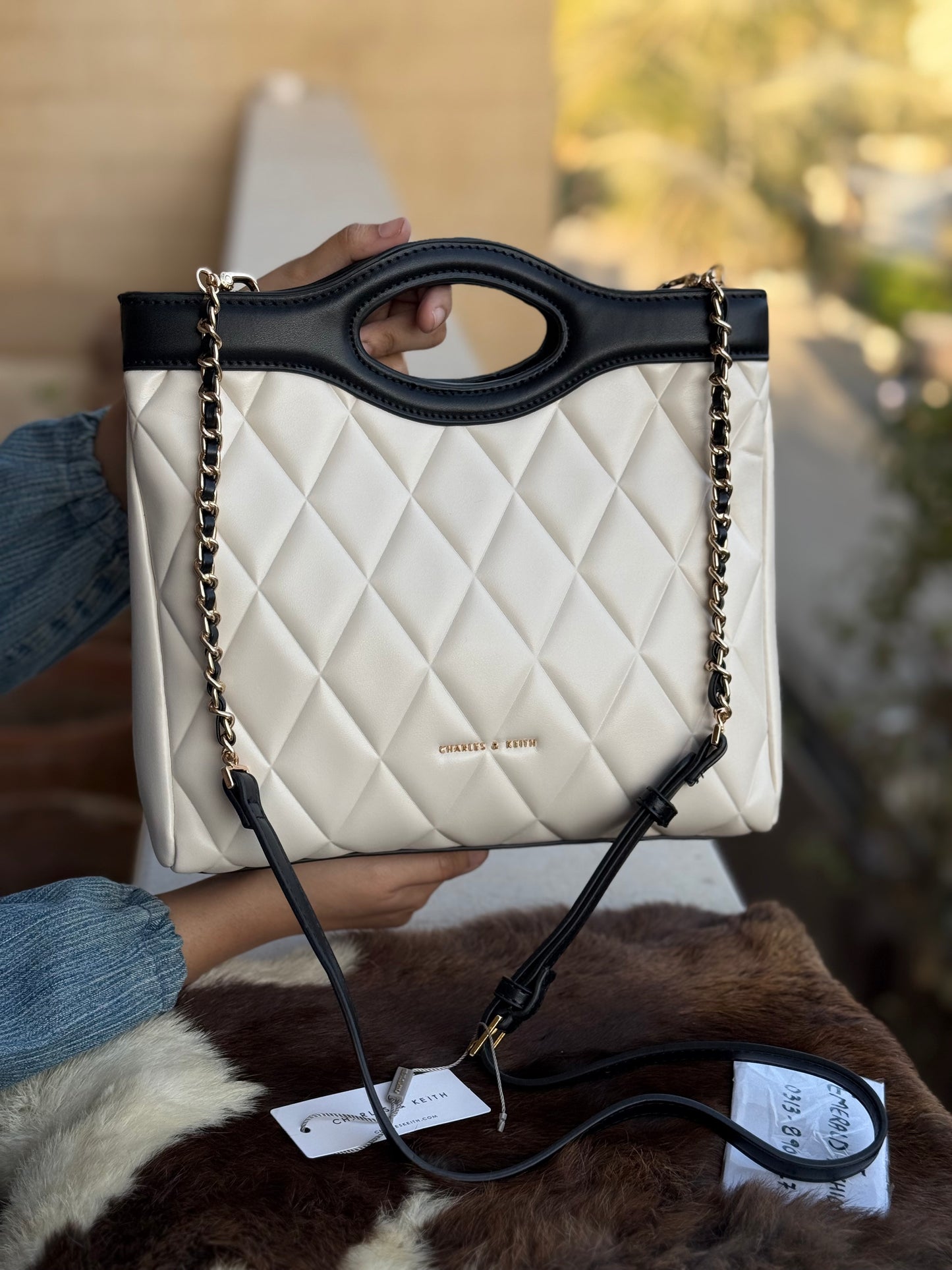 Charles & Keith Arwen Quilted Curved-handle bag Cream