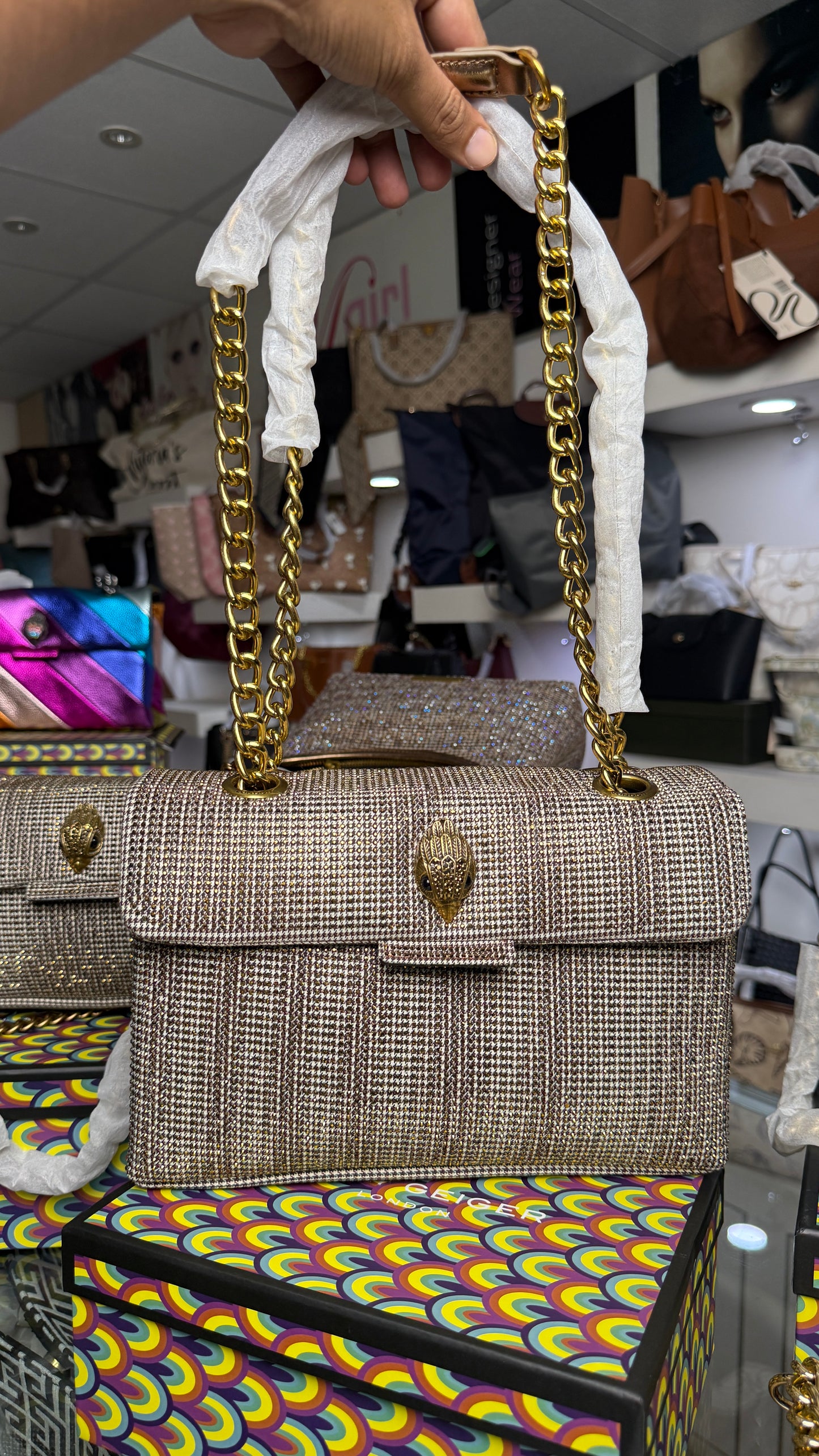 Kurt Geiger London Large Kensington houndstooth tote bag With Box.