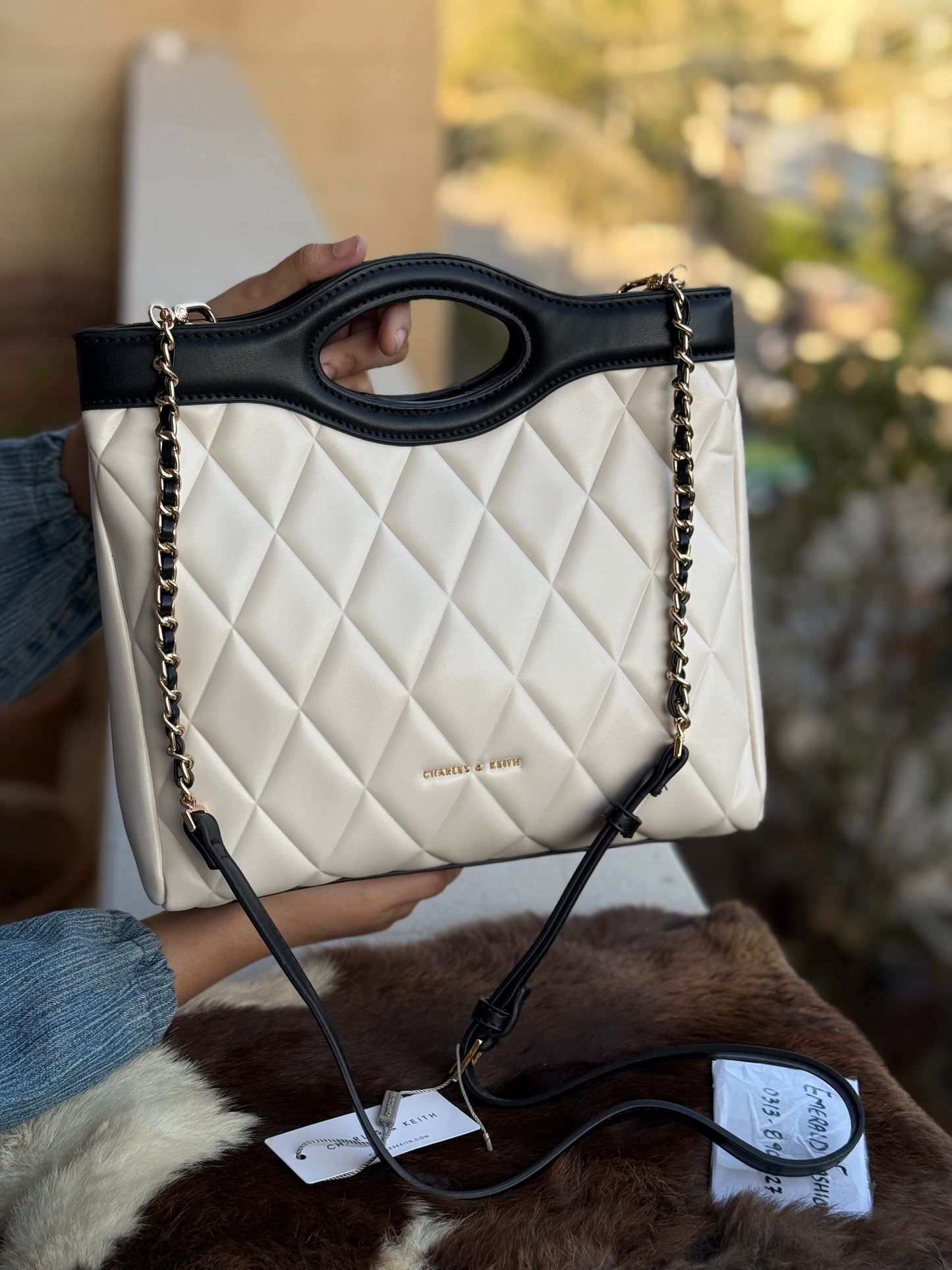 Charles & Keith Arwen Quilted Curved-handle bag Cream