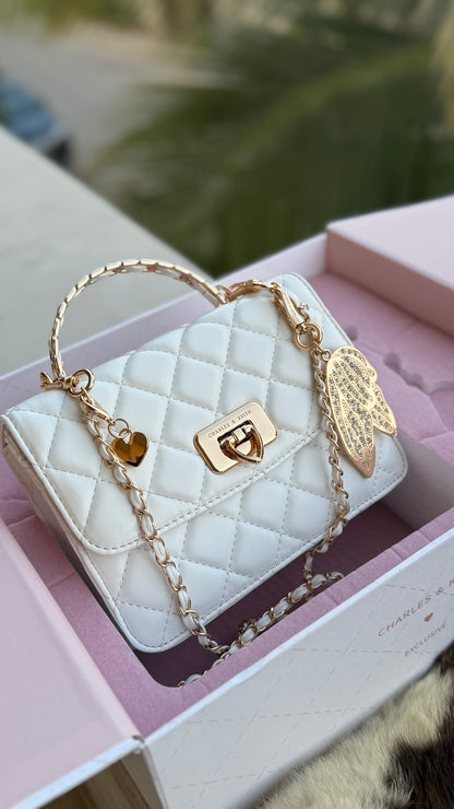 Charles & Keith Cressida Quilted Top Handle Bag in White-Master Plus Series-Gift Box Packaging.
