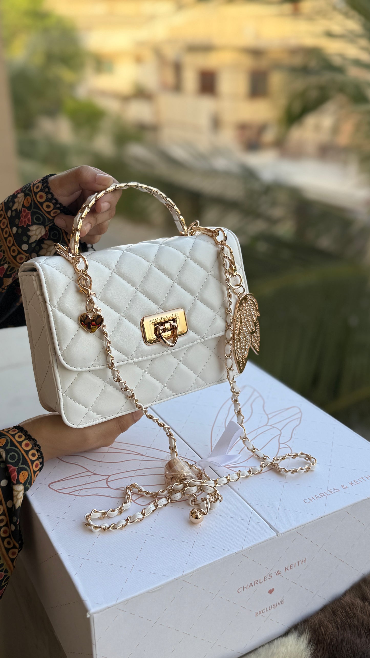 Charles & Keith Cressida Quilted Top Handle Bag in White-Master Plus Series-Gift Box Packaging.