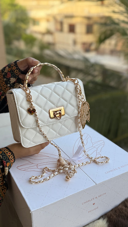 Charles & Keith Cressida Quilted Top Handle Bag in White-Master Plus Series-Gift Box Packaging.