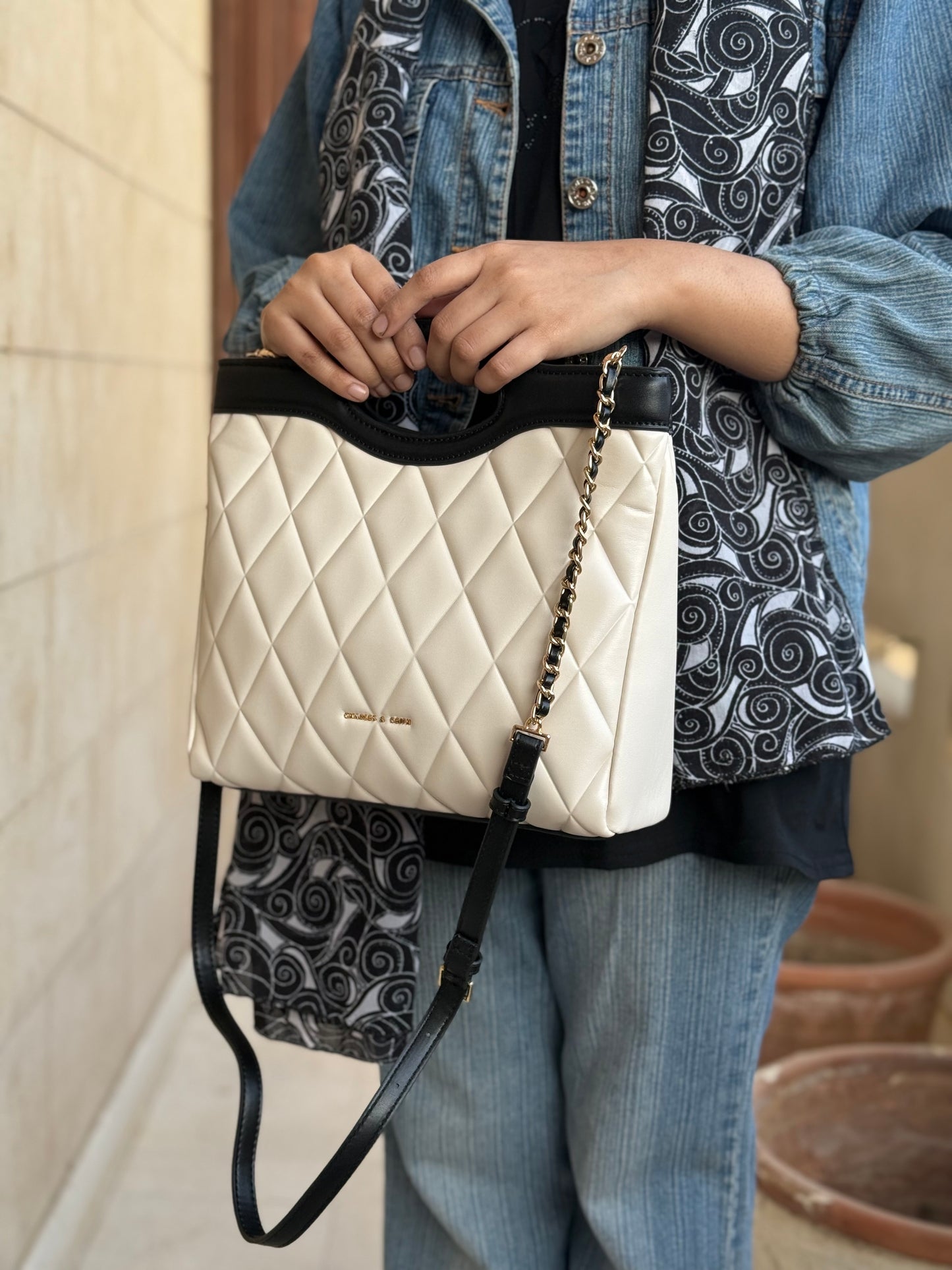 Charles & Keith Arwen Quilted Curved-handle bag Cream