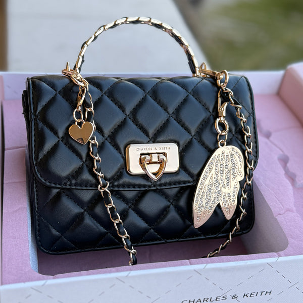 Charles & Keith Cressida Quilted Top Handle Bag in Black-Master Plus Series-Gift Box Packaging. (Copy)