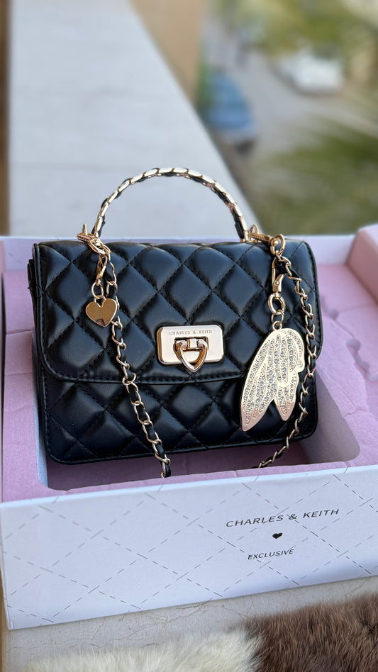 Charles & Keith Cressida Quilted Top Handle Bag in Black-Master Plus Series-Gift Box Packaging. (Copy)