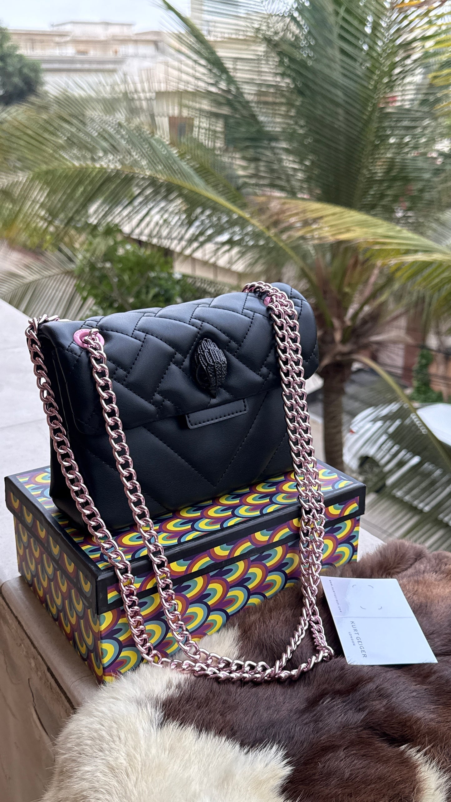 Kurt Geiger London Kensington Mini Quilted Shoulder Bag, featuring signature gold-tone hardware and a crystal-embellished eagle head-Master Series-Box included