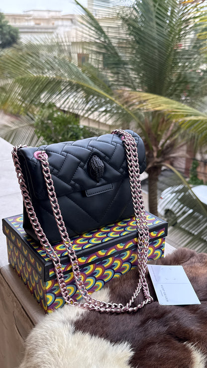 Kurt Geiger London Kensington Mini Quilted Shoulder Bag, featuring signature gold-tone hardware and a crystal-embellished eagle head-Master Series-Box included