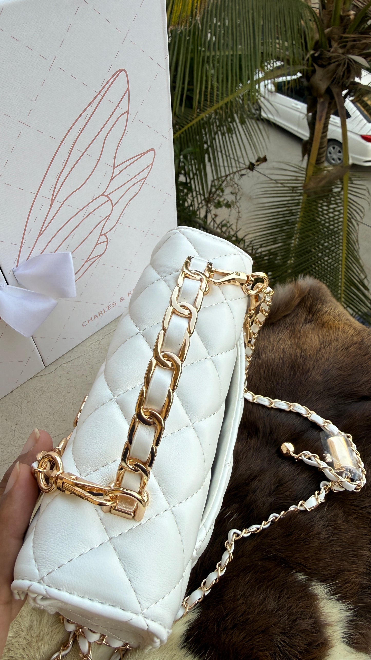 Charles & Keith Cressida Quilted Top Handle Bag in White-Master Plus Series-Gift Box Packaging.
