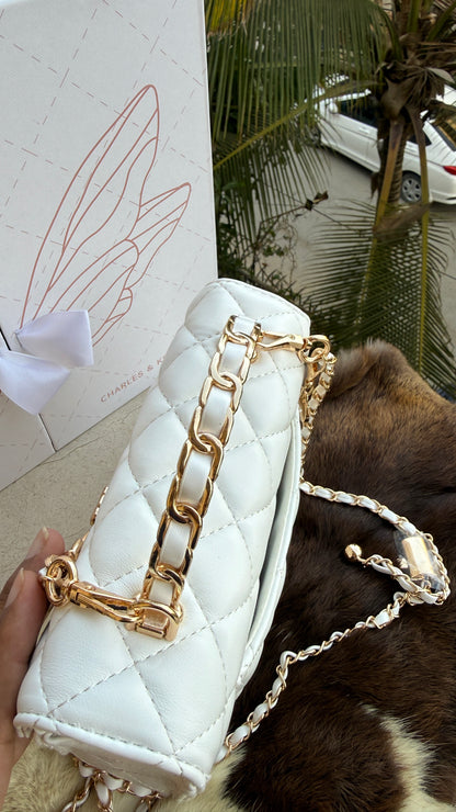 Charles & Keith Cressida Quilted Top Handle Bag in White-Master Plus Series-Gift Box Packaging.