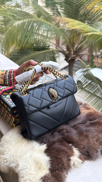 Kurt Geiger London Kensington Mini Quilted Shoulder Bag, featuring signature gold-tone hardware and a crystal-embellished eagle head-Master Series-Box included