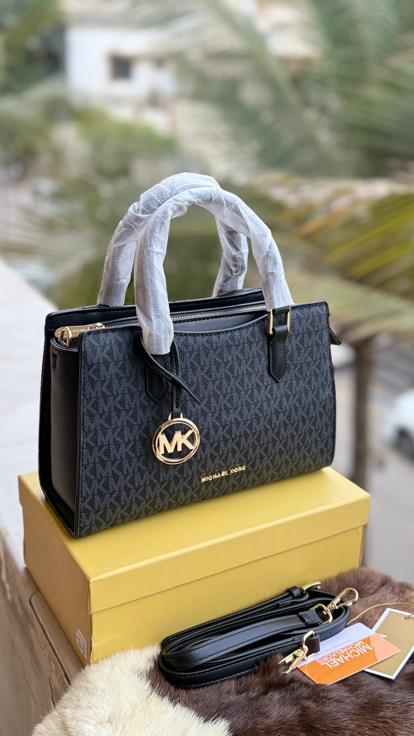Michael Kors Laila Signature Monogram Hand bag With box.