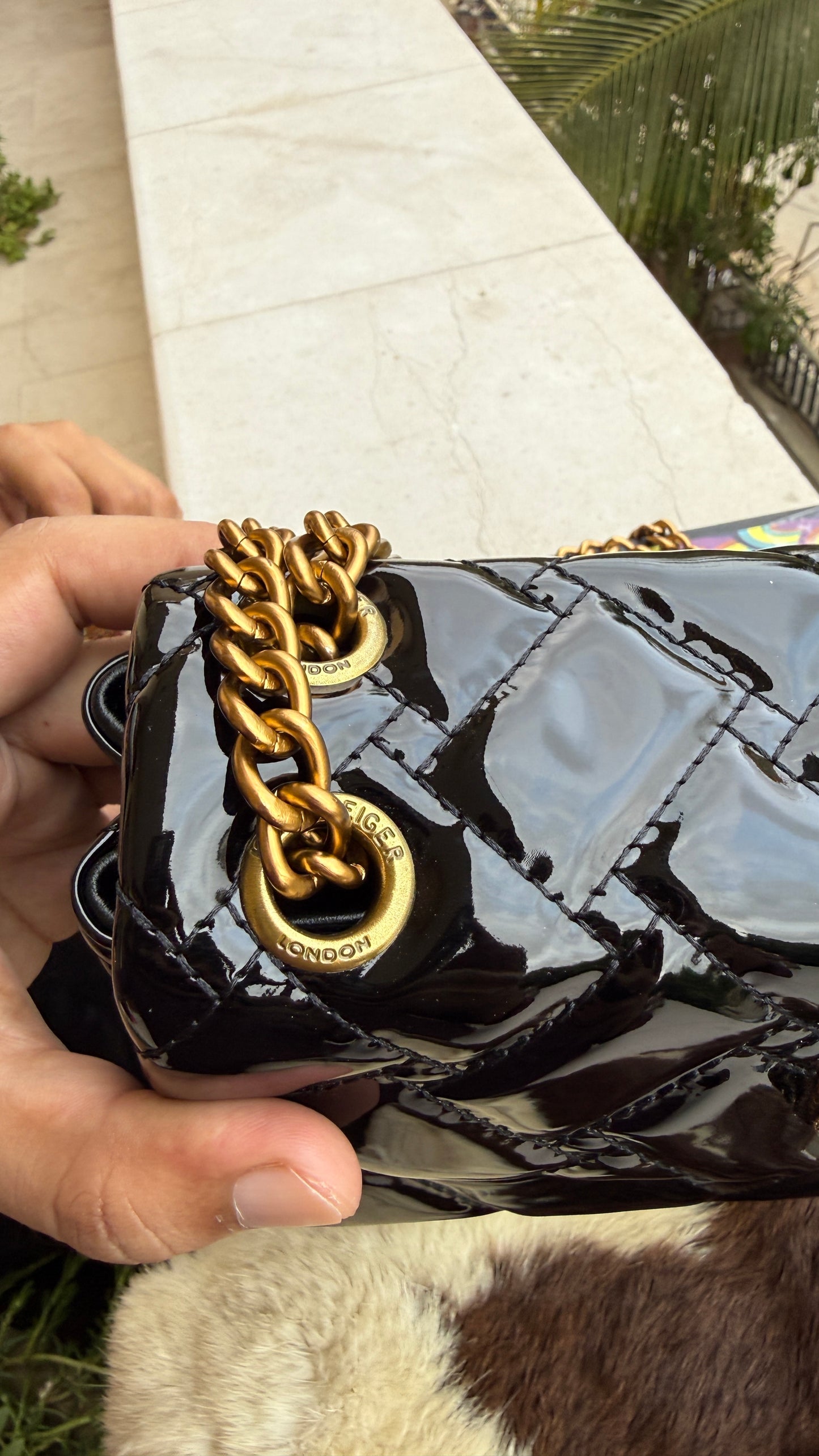 Kurt Geiger Kensington shoulder bag featuring quilted black patent leather and a signature eagle head embellished with crystals-Master Series With Box