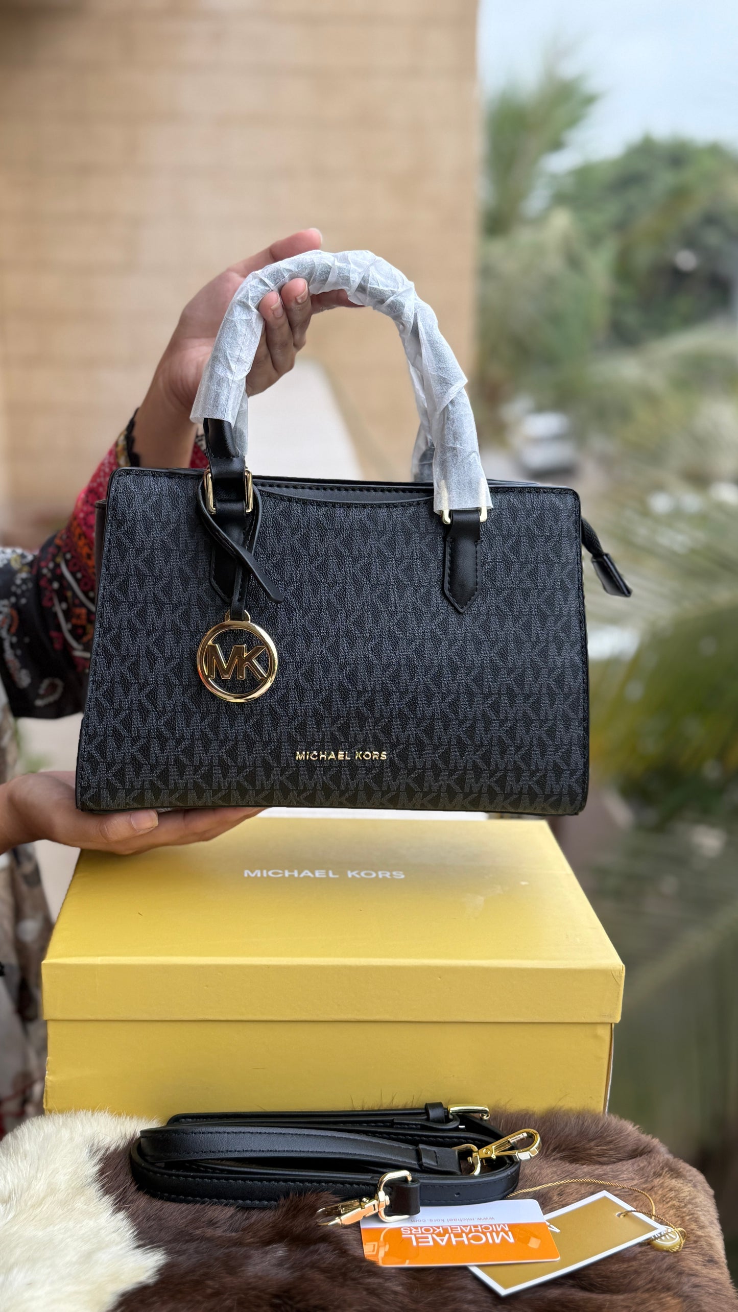 Michael Kors Laila Signature Monogram Hand bag With box.