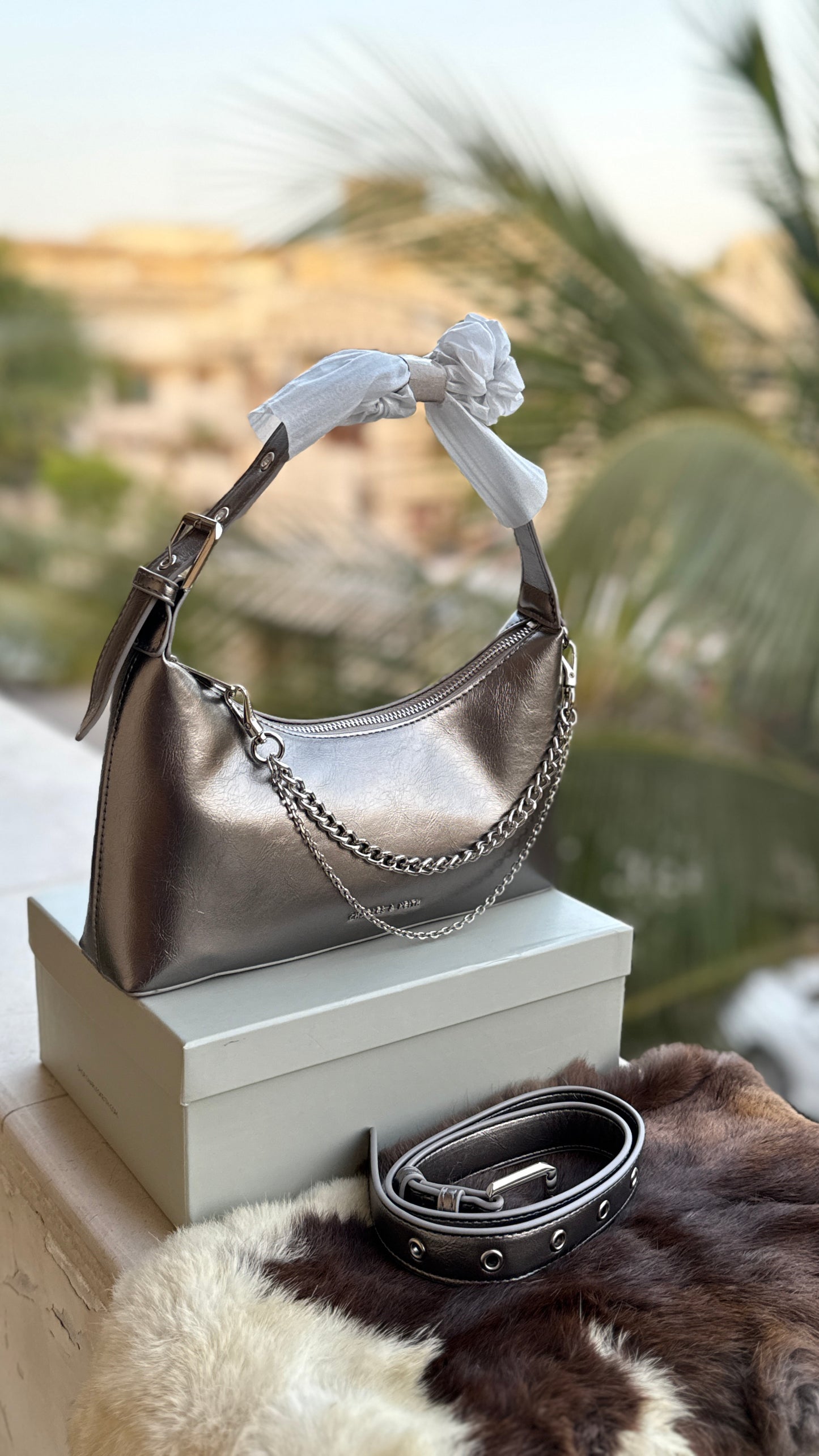 Charles & Keith Atwood chain-embellished shoulder bag with a shiny finish-Master Series-With box