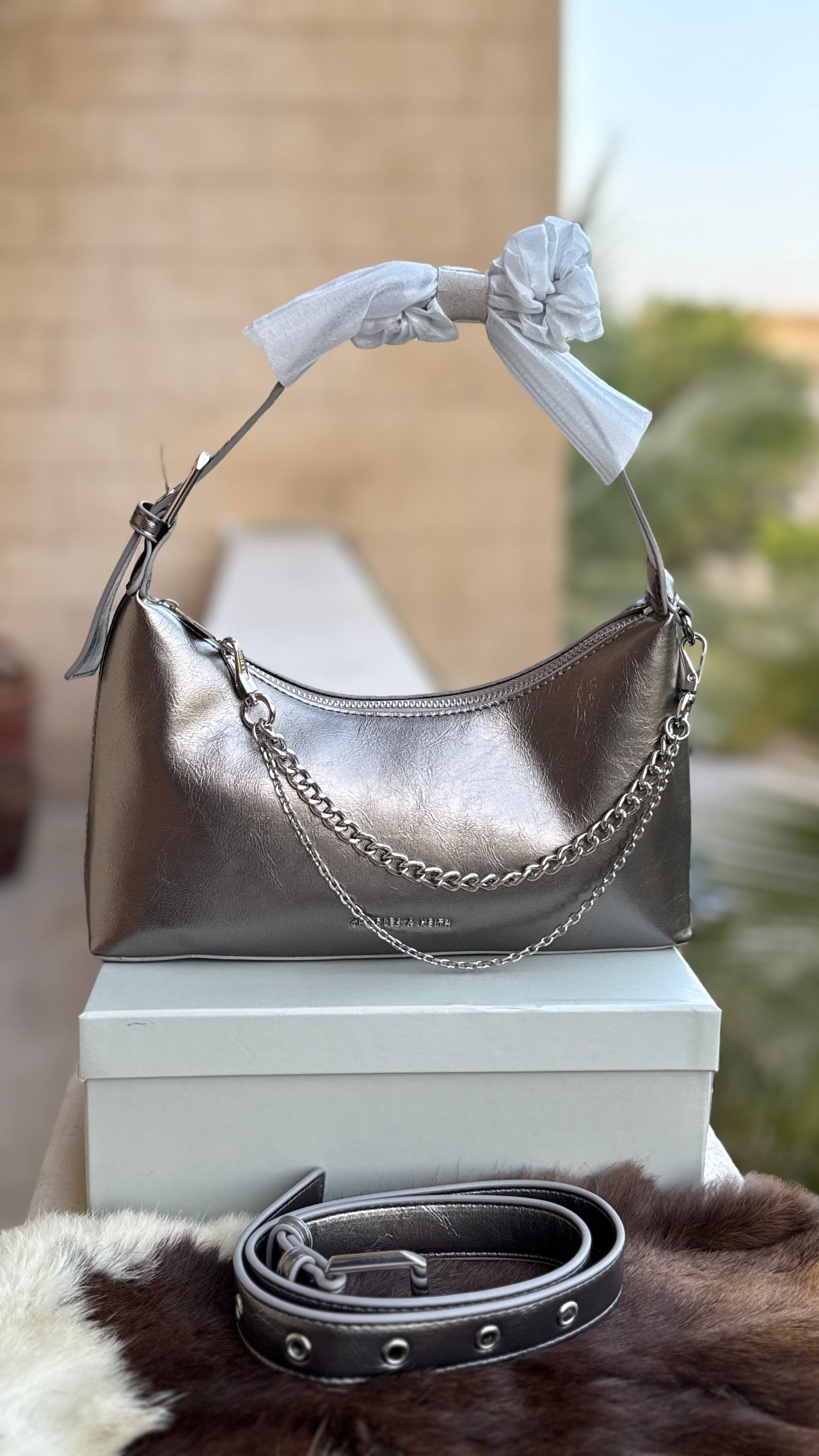 Charles & Keith Atwood chain-embellished shoulder bag with a shiny finish-Master Series-With box