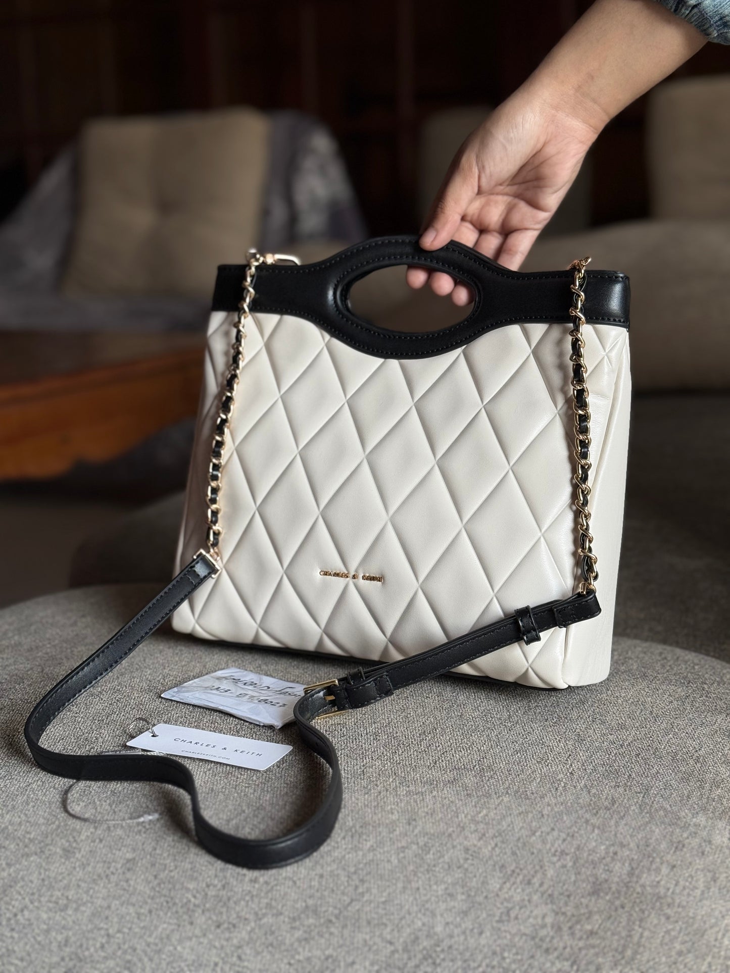 Charles & Keith Arwen Quilted Curved-handle bag Cream