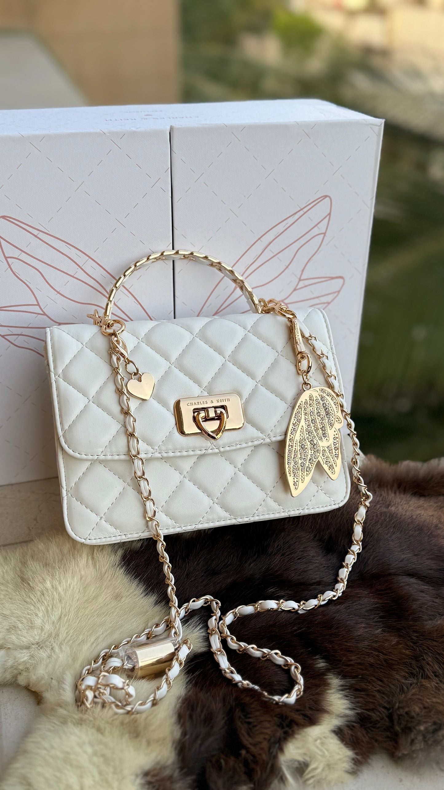 Charles & Keith Cressida Quilted Top Handle Bag in White-Master Plus Series-Gift Box Packaging.