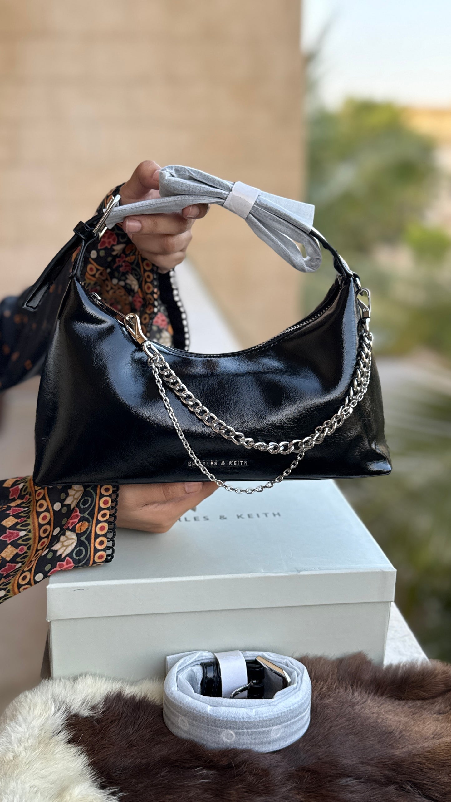 Charles & Keith Atwood chain-embellished shoulder bag with a shiny finish-Master Series-With box