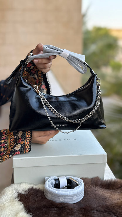 Charles & Keith Atwood chain-embellished shoulder bag with a shiny finish-Master Series-With box
