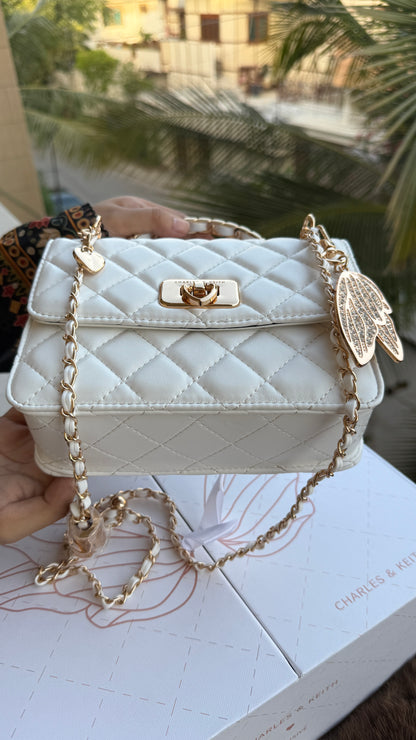 Charles & Keith Cressida Quilted Top Handle Bag in White-Master Plus Series-Gift Box Packaging.