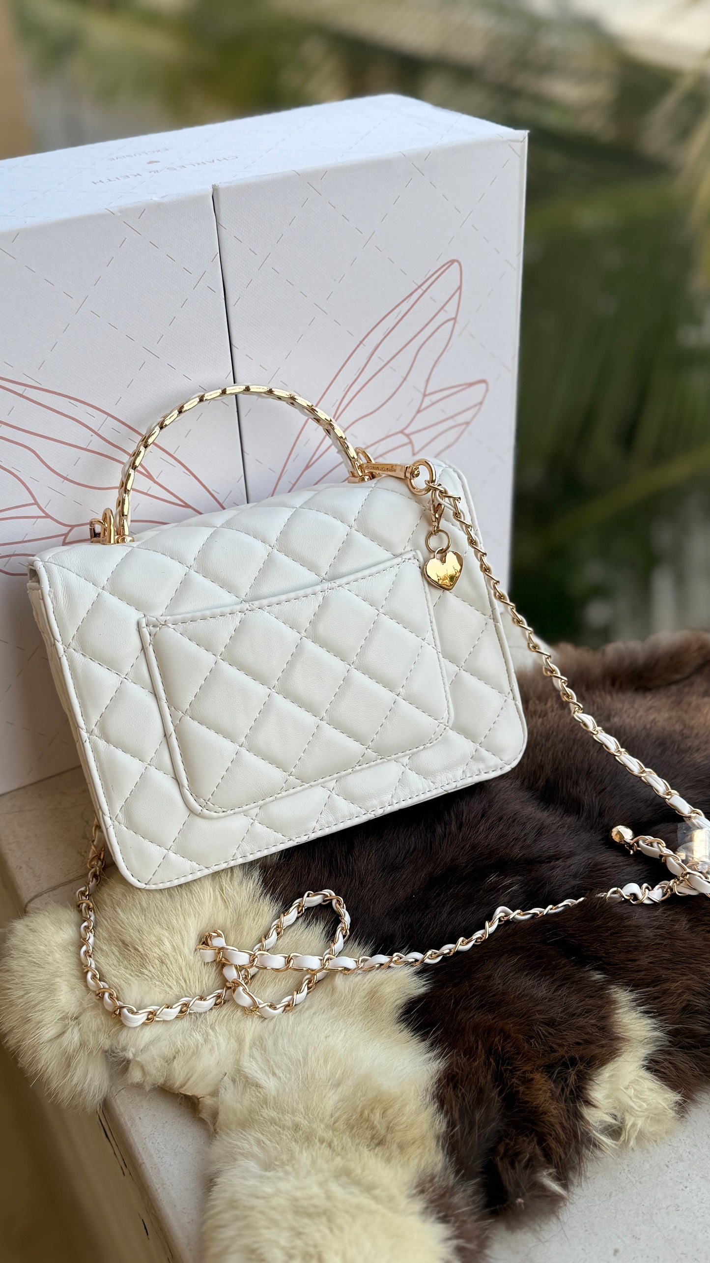 Charles & Keith Cressida Quilted Top Handle Bag in White-Master Plus Series-Gift Box Packaging.