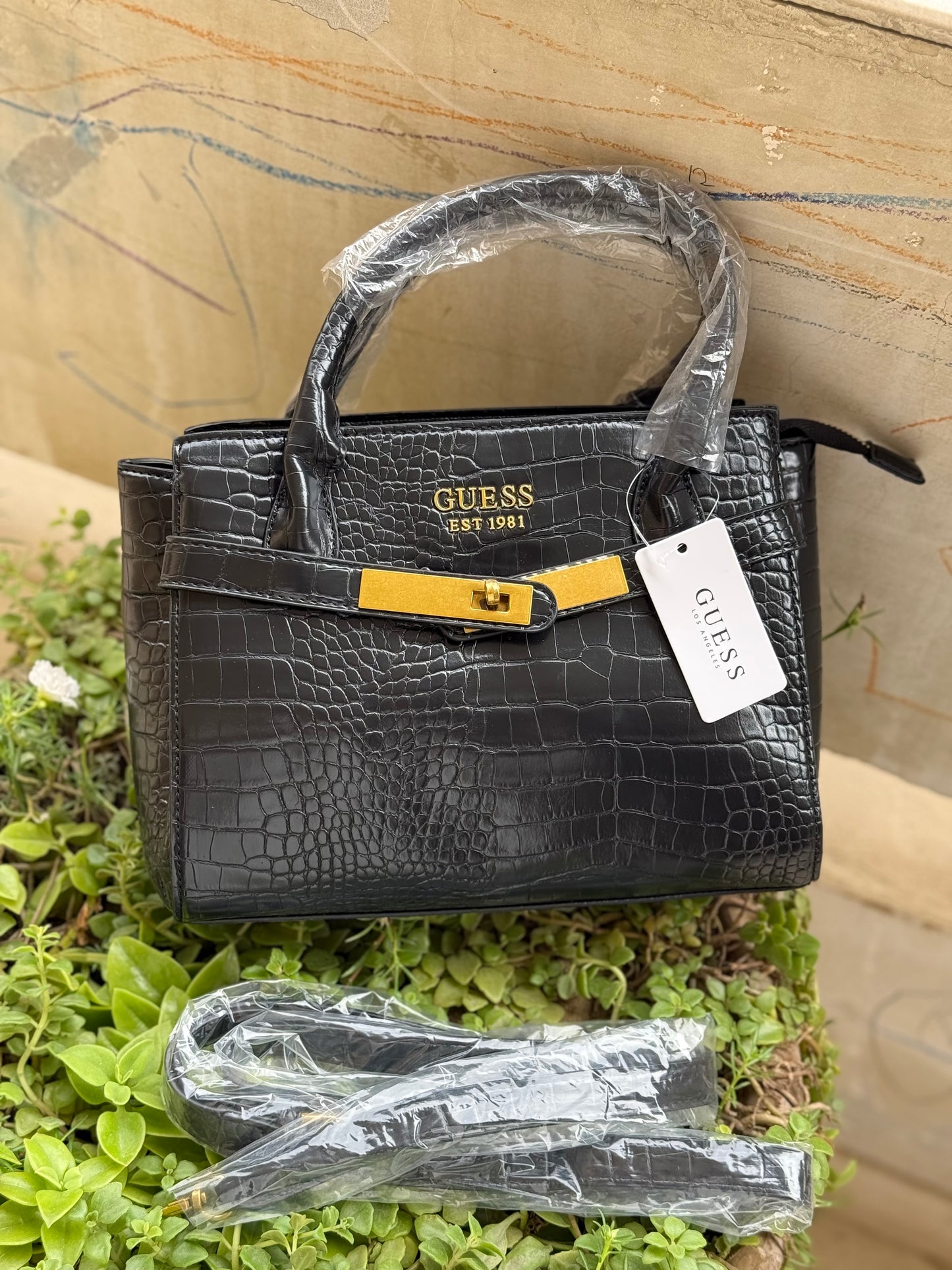 Guess Enisa Small Satchel ( Jet Black ) Crocodile pattern
