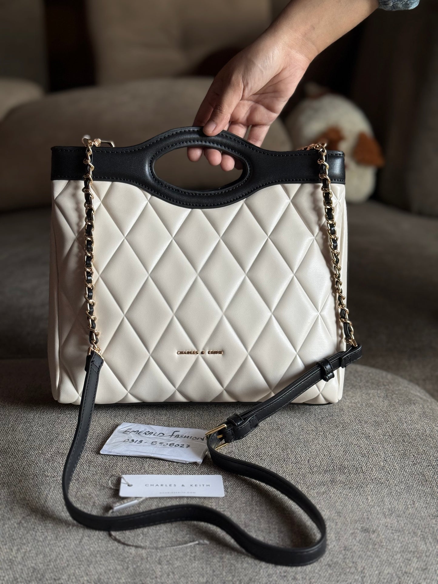 Charles & Keith Arwen Quilted Curved-handle bag Cream