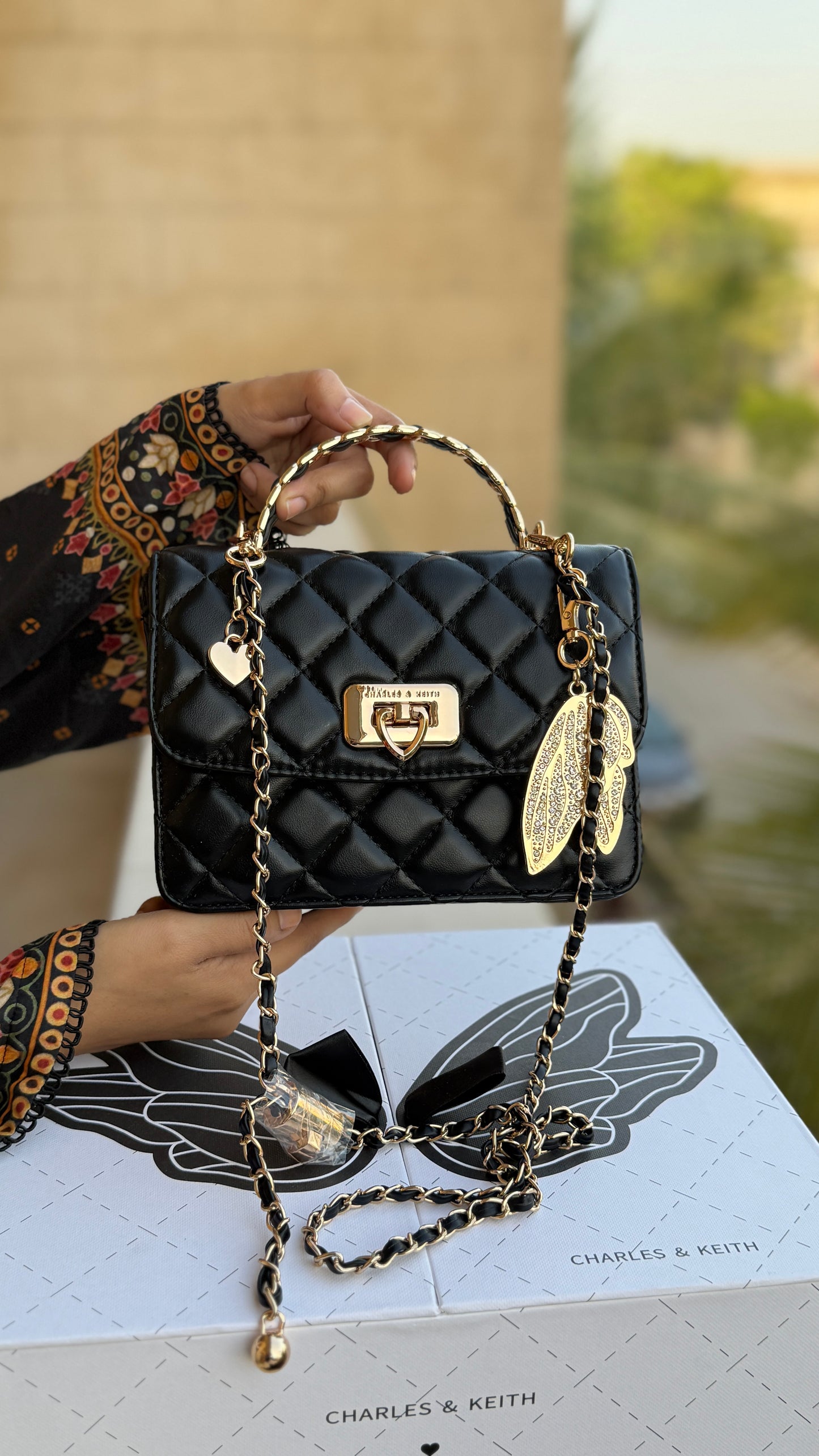 Charles & Keith Cressida Quilted Top Handle Bag in Black-Master Plus Series-Gift Box Packaging. (Copy)