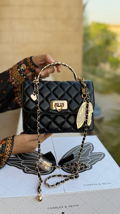 Charles & Keith Cressida Quilted Top Handle Bag in Black-Master Plus Series-Gift Box Packaging. (Copy)
