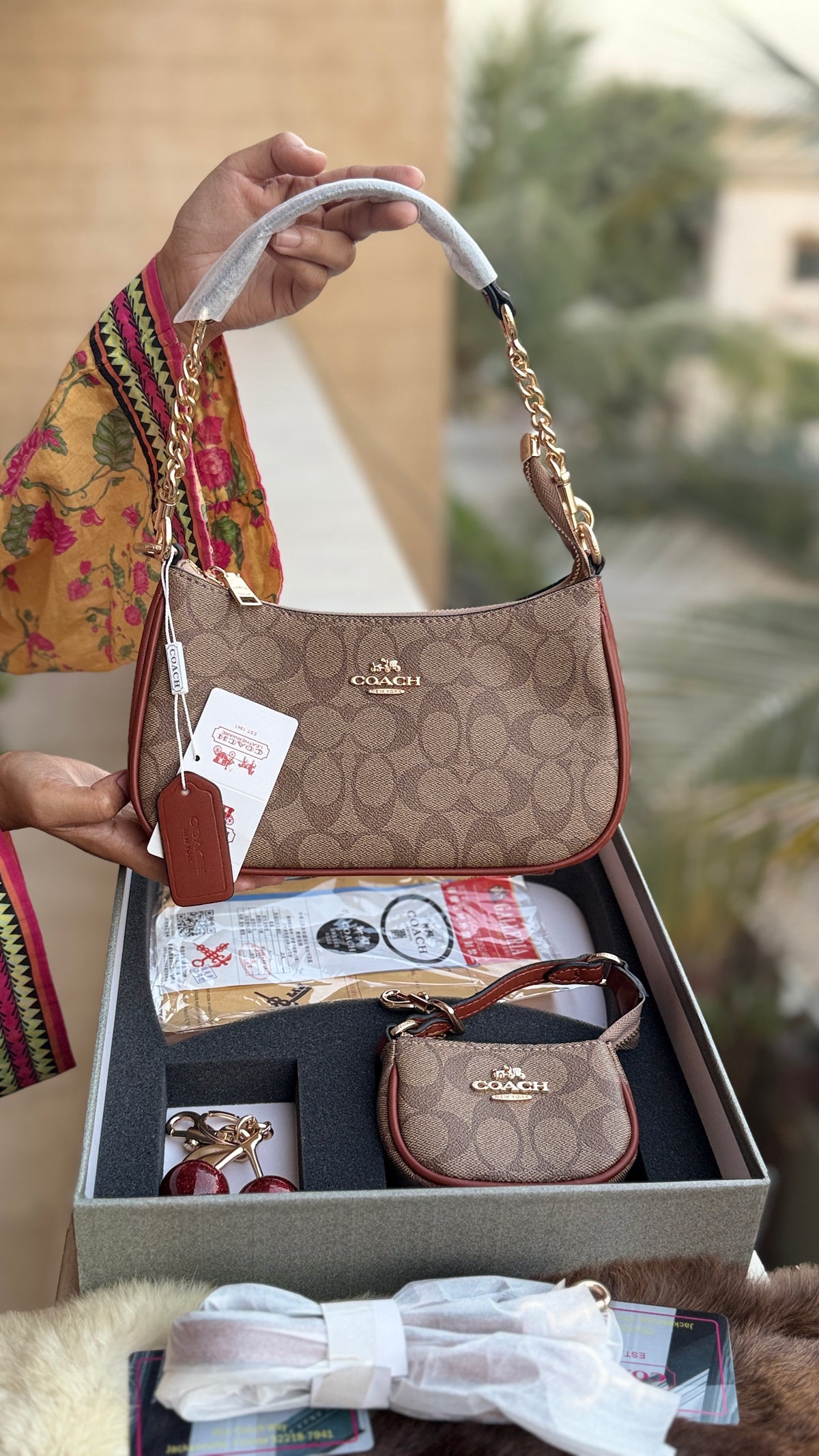 Coach Teri Hobo Complete Set With Box,Micro Bag & Cherry Charm-Master Plus