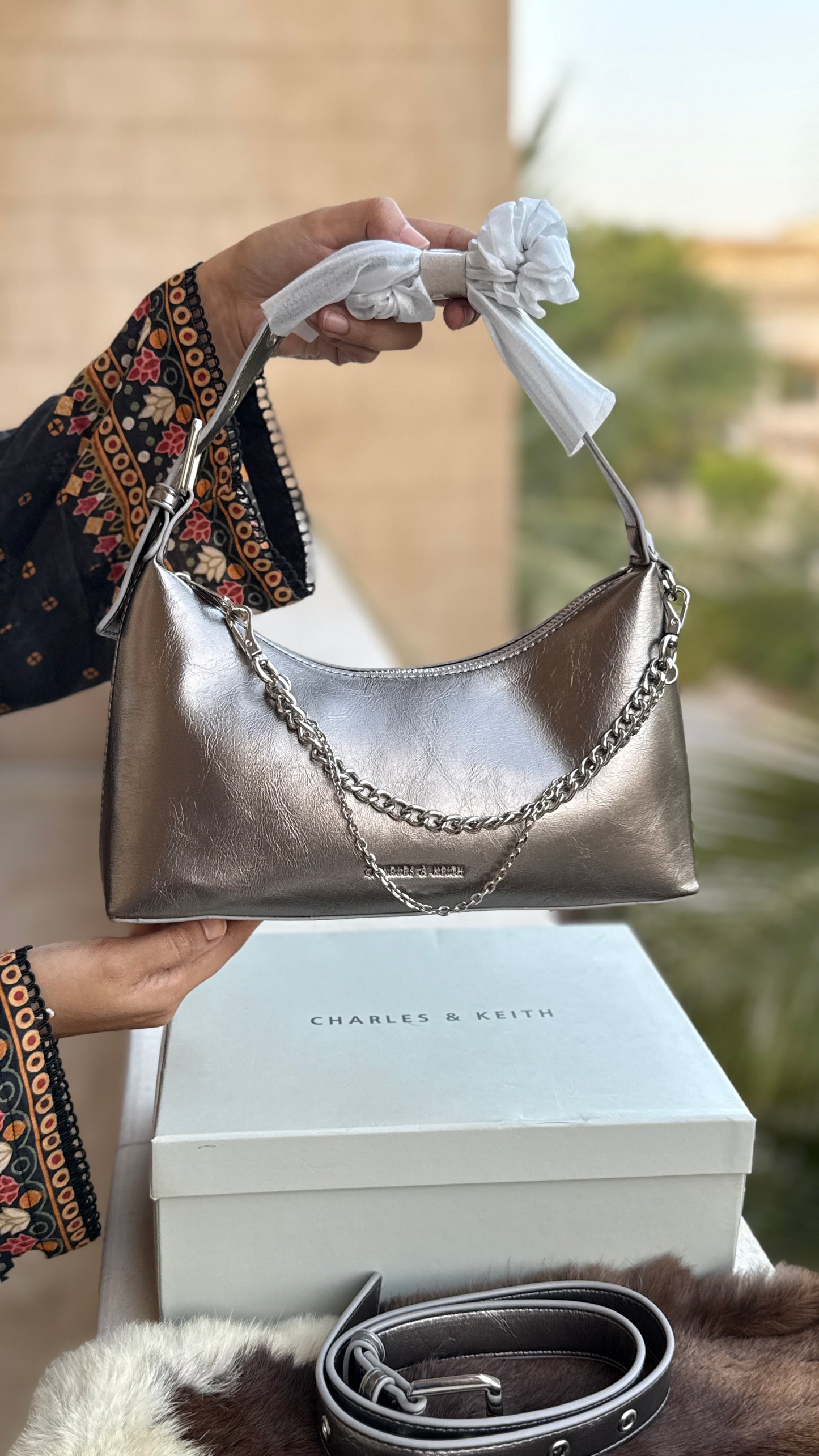 Charles & Keith Atwood chain-embellished shoulder bag with a shiny finish-Master Series-With box