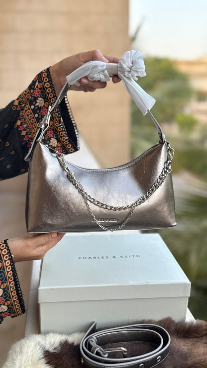 Charles & Keith Atwood chain-embellished shoulder bag with a shiny finish-Master Series-With box
